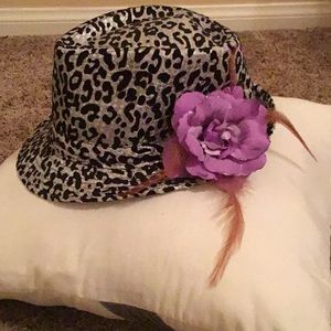 Fedora hat silver black leopard purple flower